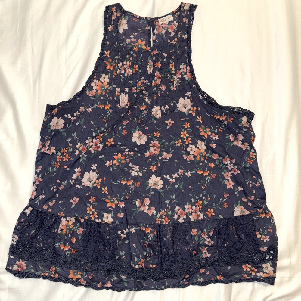 Hollister Floral Peplum Flowy Top Blue and Pink
